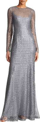 Halston Kirsten Long-Sleeve Sequin Net Gown
