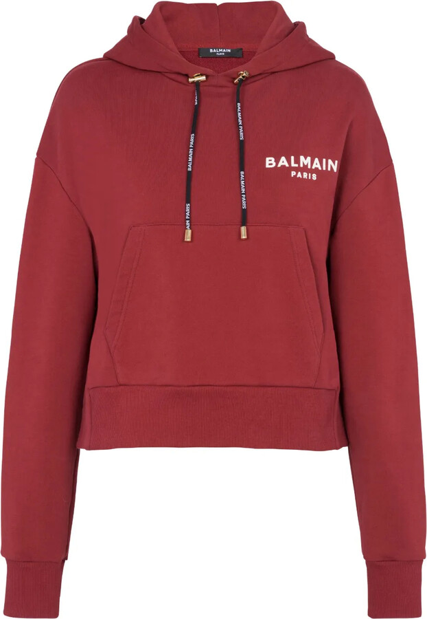 Balmain Flocked-Logo Cropped Hoodie ShopStyle