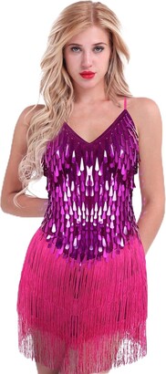 YEAHDOR Womens Shiny Sequins Tassels Fringed Dance Dress V Neck Sleeveless  Ballroom Dancewear Latin Rumba Dance Costume 