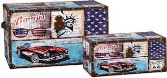 Household Essentials Decorative Storage Trunk, Classic Americana Vintage Car Design, Set of 2