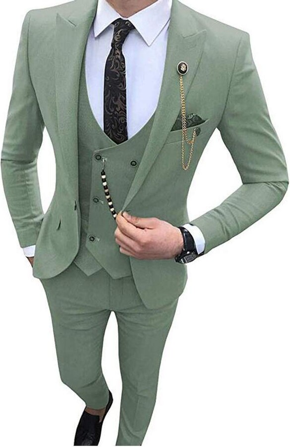 Leader of the Beauty Tea Green Men's 3 Pieces Peak Lapel Slim Fit