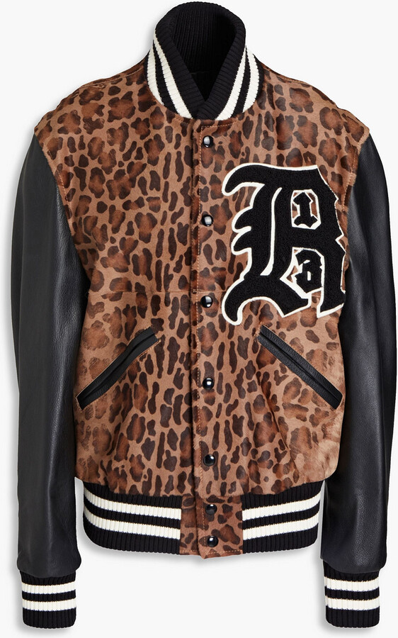 R 13 Leopard-print calf hair and textured-leather bomber