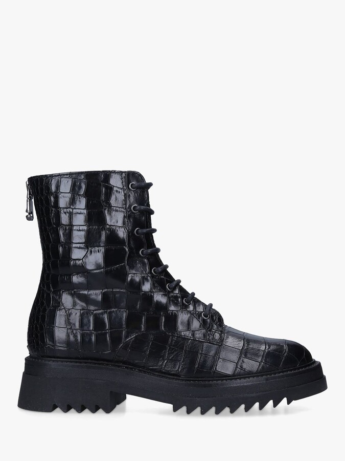 Carvela Strong Leather Croc Effect Lace Up Ankle Boots, Black