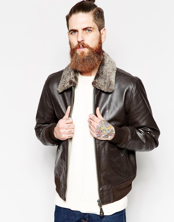 Schott Leather Jacket with Faux Fur Collar - ShopStyle