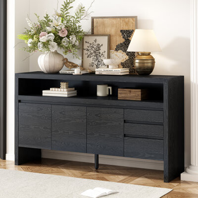 U_Style 60" 3-Door Sideboard with 3 Drawers - Modern Solid Ash Veneer MDF Sideboard, Semi-Open Shelf & Center Semi-Circular Cutout in Back Panel, Larg
