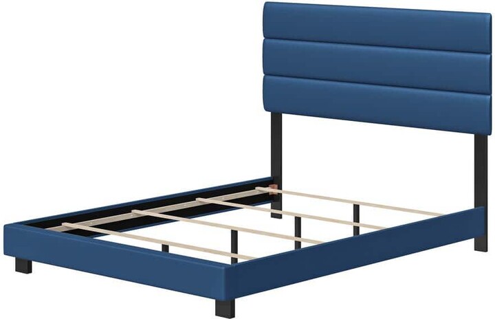 Boyd Sleep Napoli Upholstered Faux Leather Tri Panel Platform Bed Frame, King, Blue