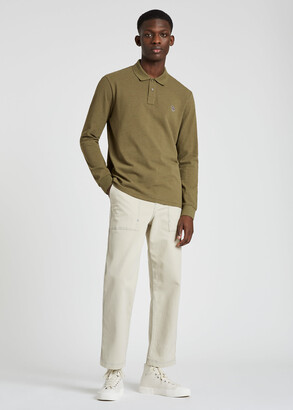 Paul Smith Men's Khaki Marl Cotton Zebra Logo Long-Sleeve Polo Shirt