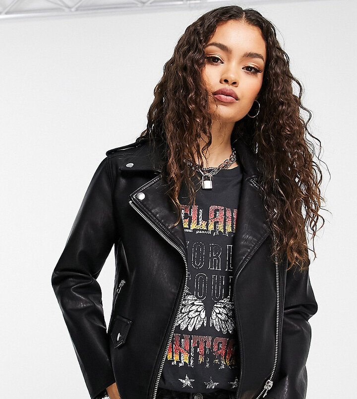 Topshop Petite faux leather classic moto jacket in black - ShopStyle