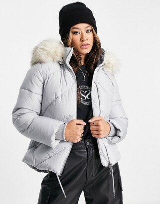Topshop padded jacket with faux fur hood in grey