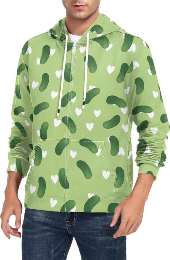 CUPADA Mens Full Zip Hoddie Green Pickles White Hearts Long Sleeve Casual Sweatshirt with Pocket Jacket Fall Winter Coat