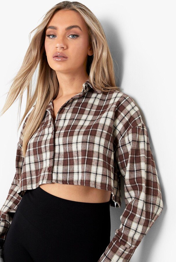 boohoo Cropped Flannel Shirt - ShopStyle Tops