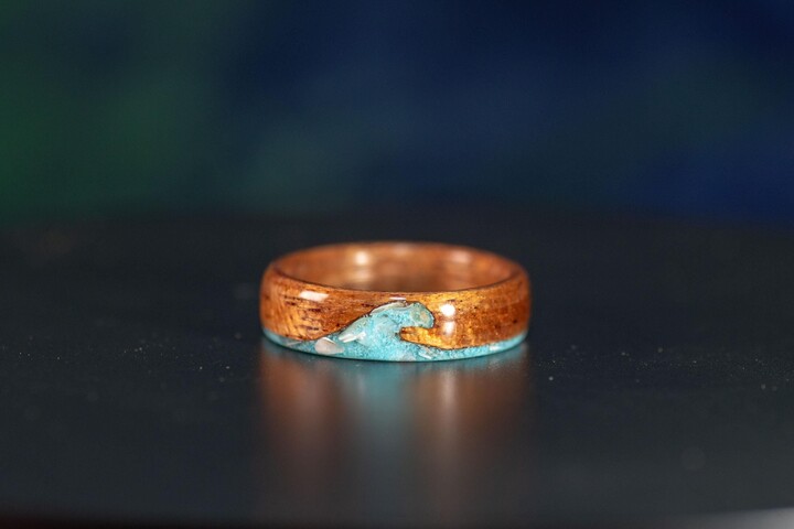 Etsy Ocean Inspired Wave Ring With Turquoise & Mother Of Pearl Inlay. Made Mahogany Wood