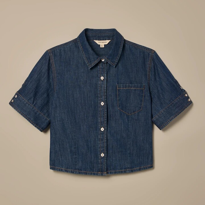 Lucky Brand One-Of-A-Kind Denim Cropped Shirt - Women's Clothing Outerwear Jean Denim Jackets in Dark Wash