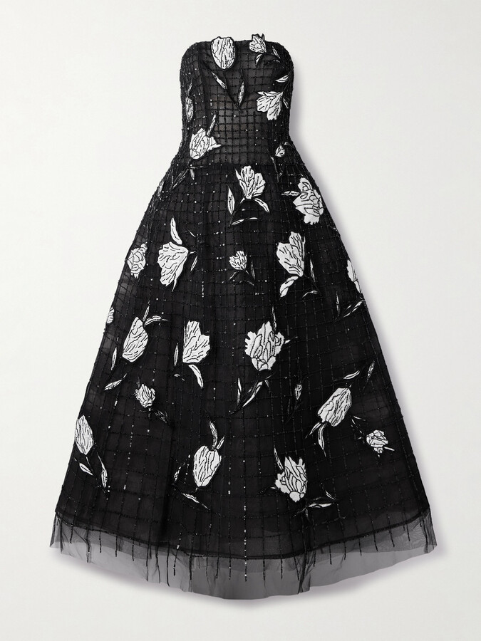 Carolina Herrera - Strapless Appliquéd Embellished Tulle Gown - Black