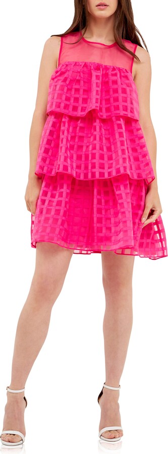 ENGLISH FACTORY Grid Pattern Tiered Organza Minidress