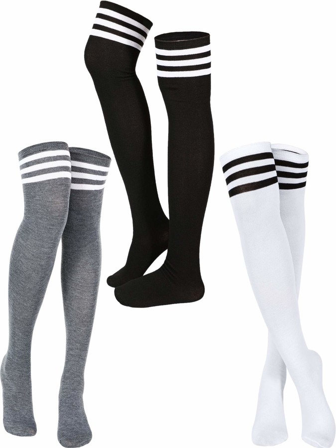 Satinior 3 Pairs Triple Stripe Over the Knee Socks Extra Long Opaque ...