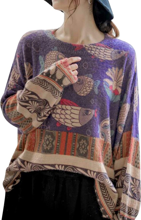 YESNO Women Long Sleeve Jumpers Oversized Graphic Knitted Sweater Crew