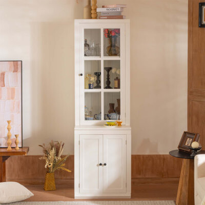 Ophelia & Co. 75.25'' Tall Freestanding Pantry Cabinet with Glass Door & Lattice Window Farmhouse Display Cabinets with Storage Hutch with Double-Action LH&RH Doo