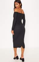 Thumbnail for your product : PrettyLittleThing Orange Bardot Ribbed Tortoise Button Cut Out Midaxi Dress