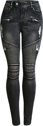 Andiwa Womens Ripped Jeans Slim Fit Stretchy Denim Pencil Pants Butt Lifting Biker Skinny Casual Trousers (Black