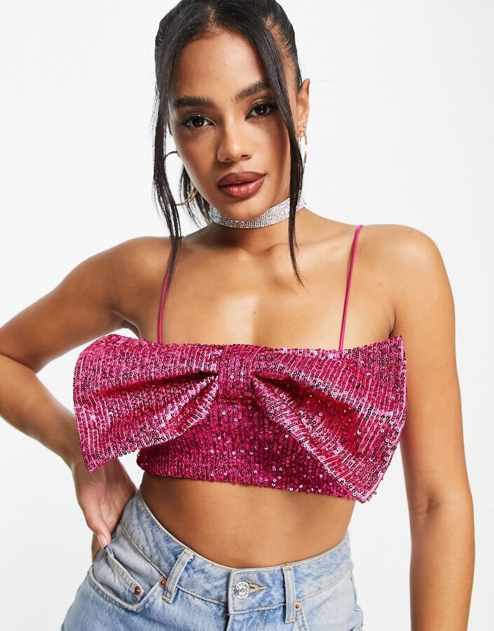 ASOS DESIGN sequin cami top with bow in pink - ShopStyle