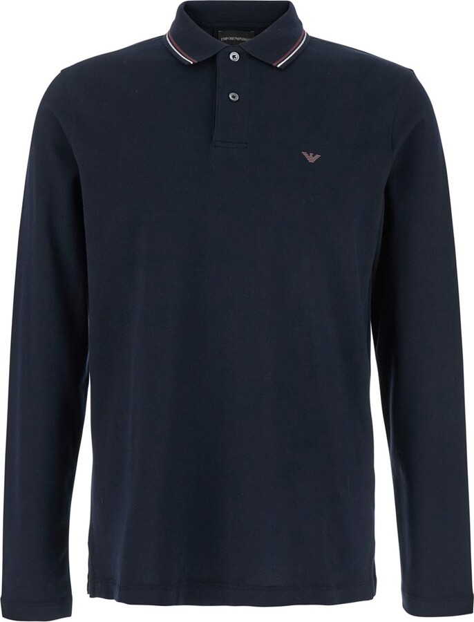 Blue Long Sleeve Polo Shirt With Logo Embroidery In Stretch Cotton Man