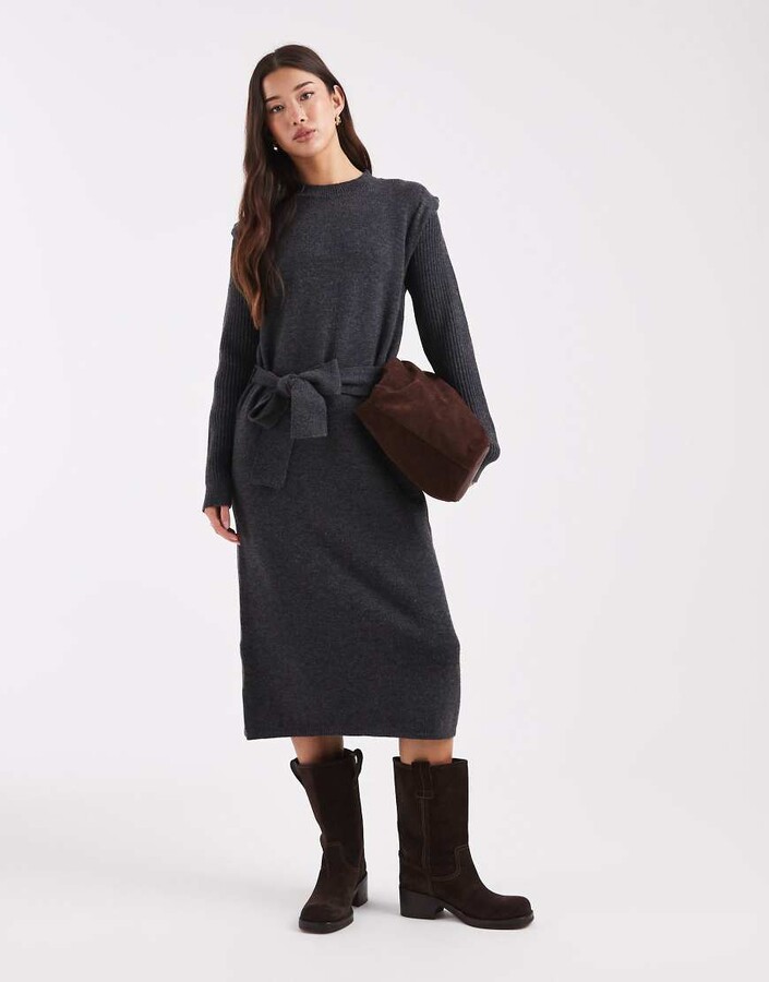 Object knit belted midi dress with folded shoulder detailing in dark heather gray
