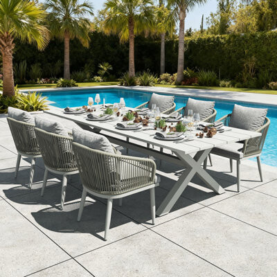 Corrigan Studio Outdoor Dining Set Woven Rope Wicker Patio Dining Set With Rectangular Aluminum Table And Modern Armrest Dining Chairs