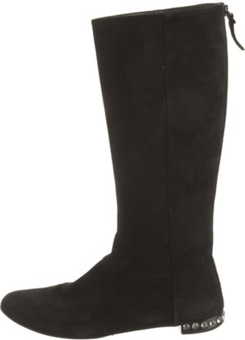 Miu Miu Suede Knee-High Riding Boots Black Square-Toes with Crystal Embellishments Zip Closures at Shafts Designer