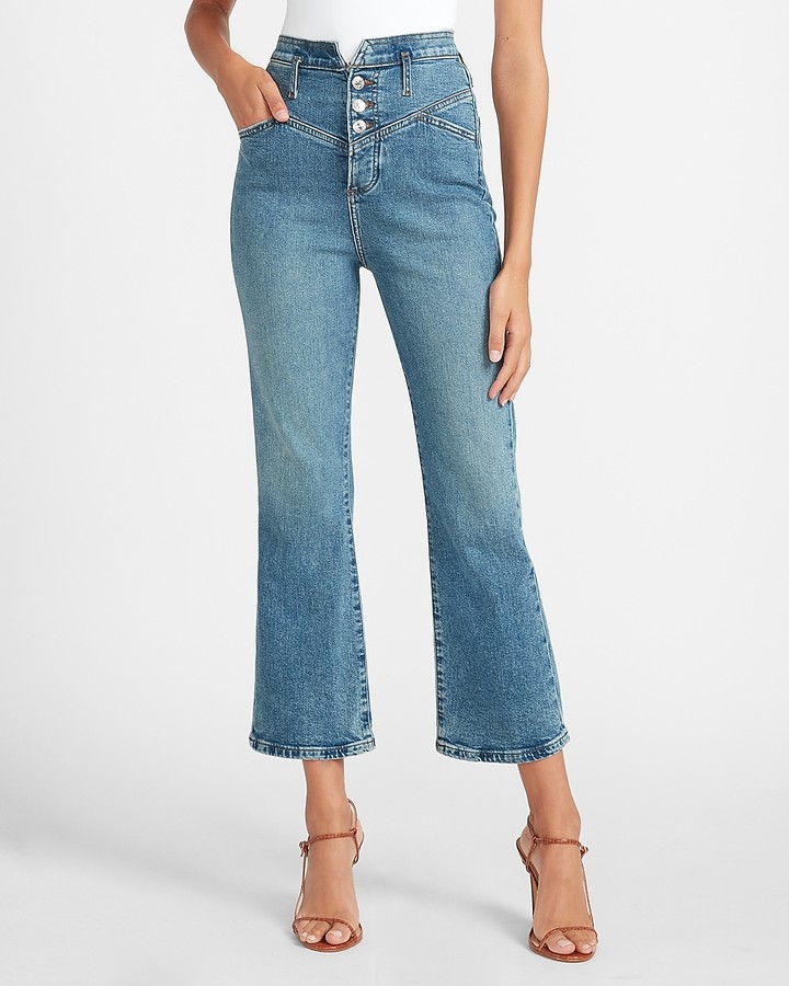 Express Super High Waisted Seamed Button Fly Cropped Flare Jeans - ShopStyle