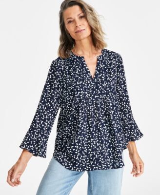 Style&Co. Style Co Womens Printed Pintuck Ruffle Sleeve Top Pp 4x Created For Macys