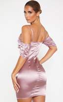 Thumbnail for your product : PrettyLittleThing Mauve Satin Ruched Bust Cold Shoulder Bodycon Dress