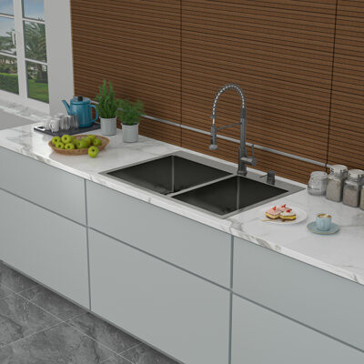 Living Source International Gunmetal Black Double Bowl Drop-In Kitchen Sink 33\