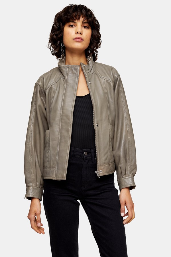 Sage Grey Leather Bomber Jacket ShopStyle
