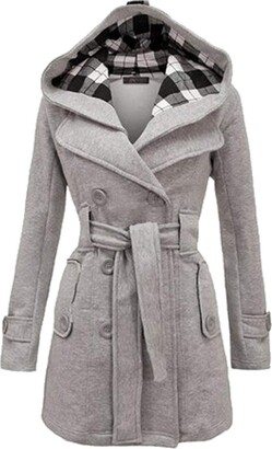 YMING Womens Winter Double Breasted Hooded Pea Coat Warm Wool Blend Trench Outwear with Belt 