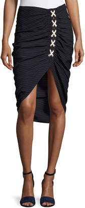 Veronica Beard Marlow Striped Lace-Up Ruched Skirt, Navy