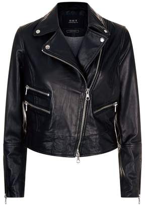 SET Flame Print Leather Biker Jacket