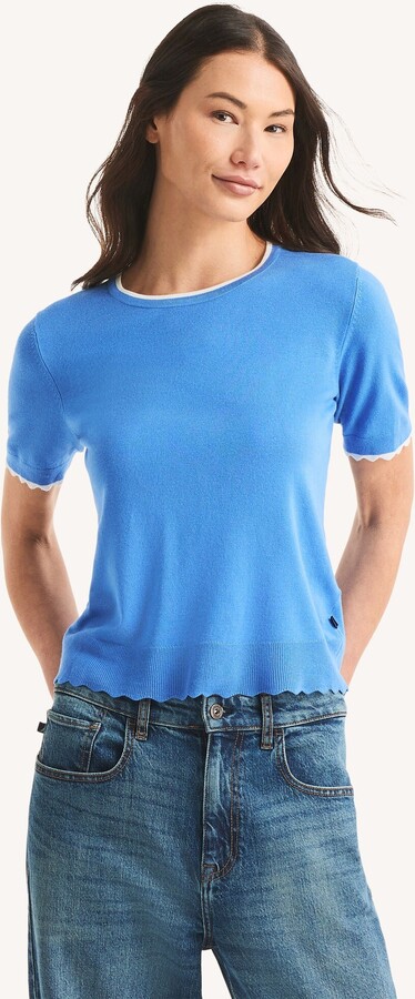 Nautica Womens Scalloped Short-Sleeve Sweater