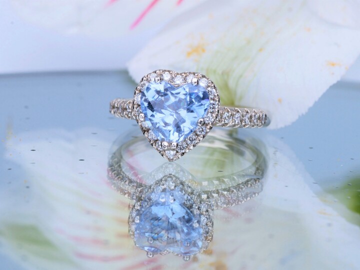 Etsy Heart Blue Sapphire Engagement Ring Diamond Halo 14K White Gold