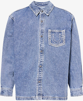 True Religion Mens Gridiron Blue Wash Tr Straight Hem Denim Shirt L