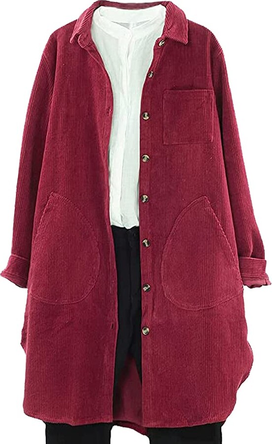 Tebreux Women's Corduroy Shirt Jacket Lapels Transition Jacket Long