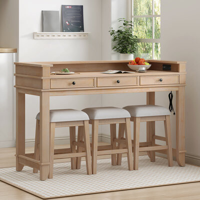 Lark Manor 4-Piece Dining Table Set for 3 Retro Kitchen Table and Chairs Set with 3 Storage Drawers Ideal for Small Spaces (Light Grey)