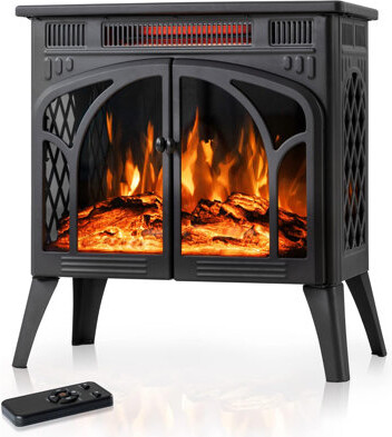 24Inch Electric Fireplace Stove , Free-Standing Infrared Fireplace Stove, Controllable 3D Flame, 4 Variable Flame&Log Colors, 1500w, 5100BTU, Black (S