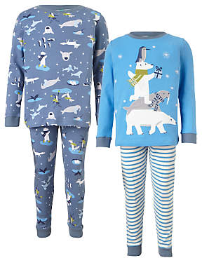 John Lewis 7733 Children's Winter Animals Pyjamas, Pack of 2, Blue/Multi
