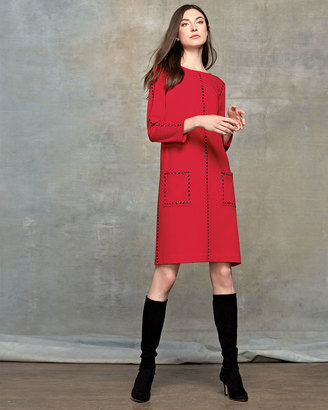 Joan Vass Studded 3/4-Sleeve Shift Dress, Red