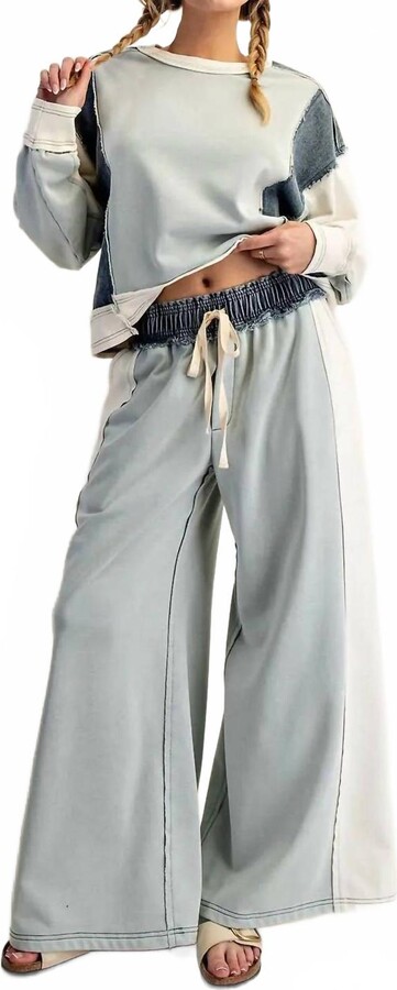 eesome Brynn Frayed Color Block Pullover & Pant Set In Sage