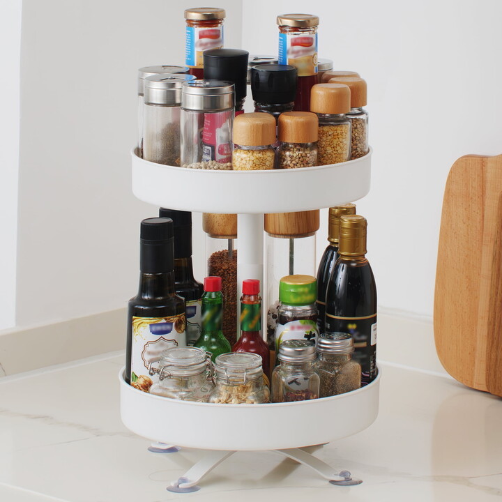 Hüftgold 2 Tier Rotating Spice Rack, 10-inch Spinning Spice Organizer, Kitchen Counter Storage, White