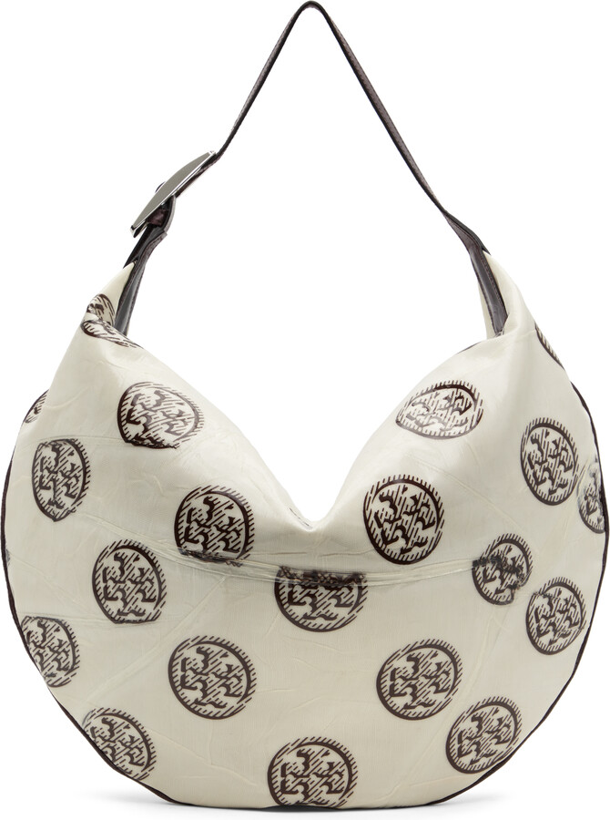 Tory Burch White & Brown T Monogram Balloon Bag