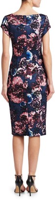 Theia Short-Sleeve Ruched Floral Sheath