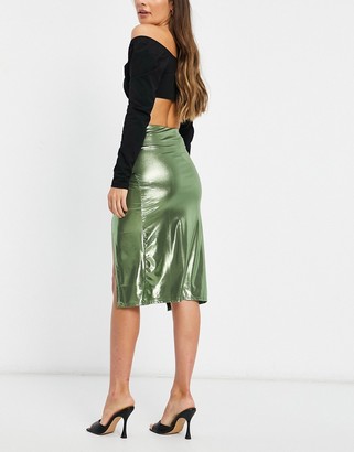 I SAW IT FIRST foil wrap front midi skirt in green